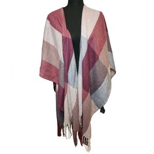 WOOLRICH ONE SIZE RUANA COLORBLOCK BURGUNDY GRAY ROSE FRINGE SOFT LUXURIOUS